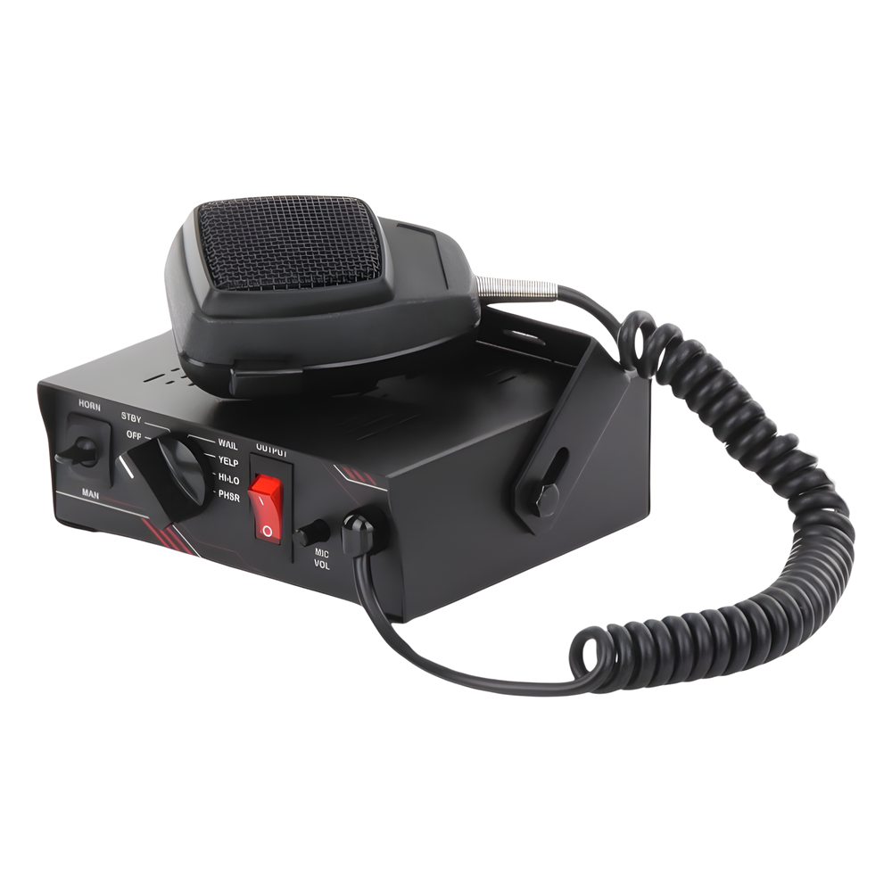 Sirena Vehicular de 100W de Potencia, Con Switch Giratorio de 6 posiciones y Micrófono Integrado de Uso Rudo