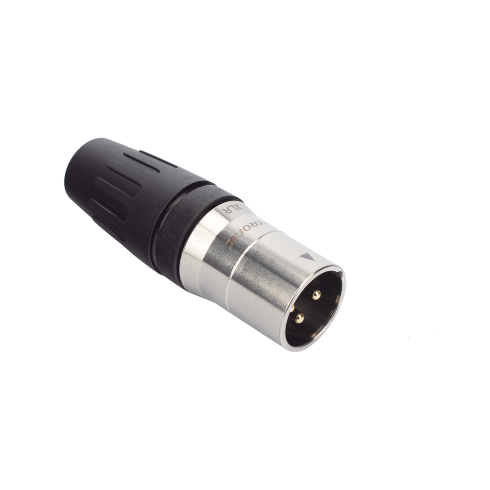 CONECTOR MACHO XLR DE 3 NÚCLEOS CON CARCASA DE ACERO INOXIDABLE Y CONTACTOS CHAPADOS EN ORO
