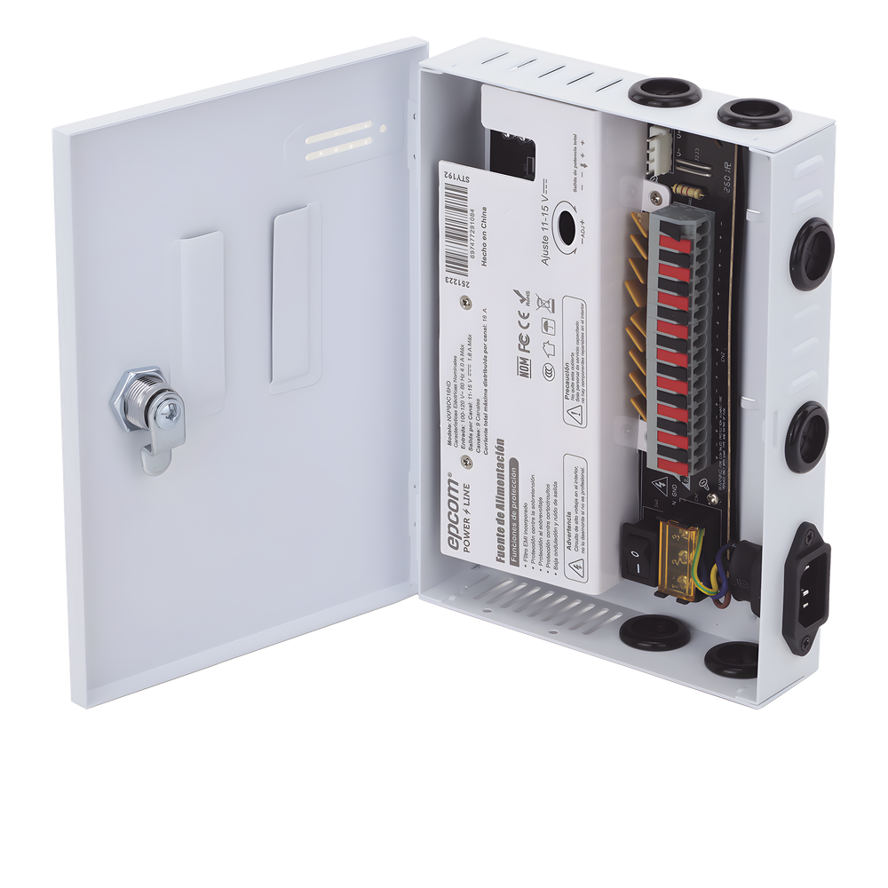 Fuente |  11-15 V |  9 canales | 16 A |  Compatible con cámaras 4K | Alta tecnología en seguridad | Doble ventilador | Hasta 1.8 Amperes por Salida | Filtro de ruido por canal | Diseño de alta gama.