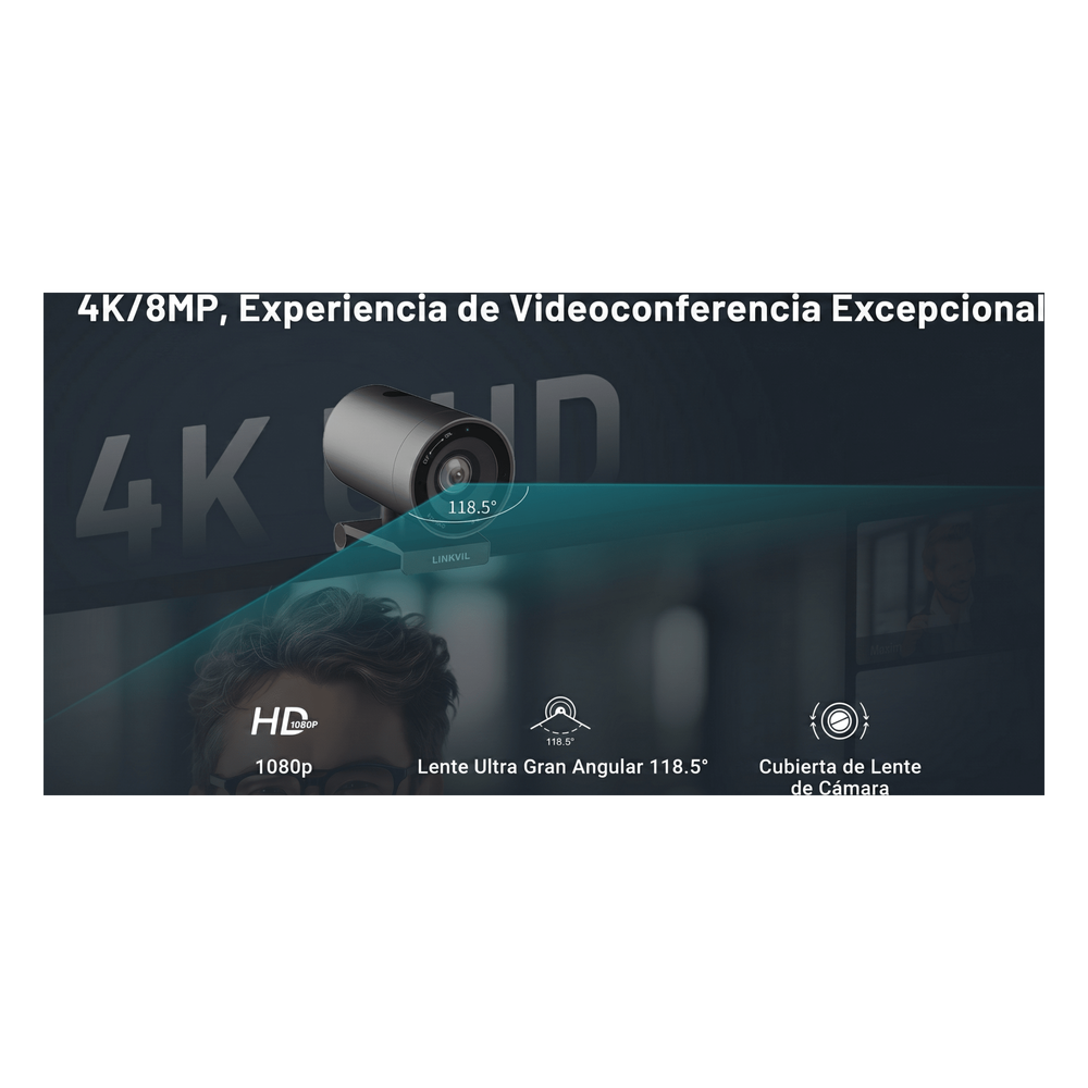 Sistema Videoconferencia 4K Todo en Uno / Cámara 8MP + Altavoz 3W / Micrófono 8 Filas / USB Type-C BYOD / Transmisión Inalámbrica 4K / Salas hasta 32 m² (344 ft²)